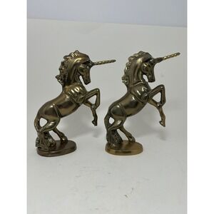 Vintage Brass Unicorn Figurines Pair Rearing Mythical Statues Gold Tone Decor